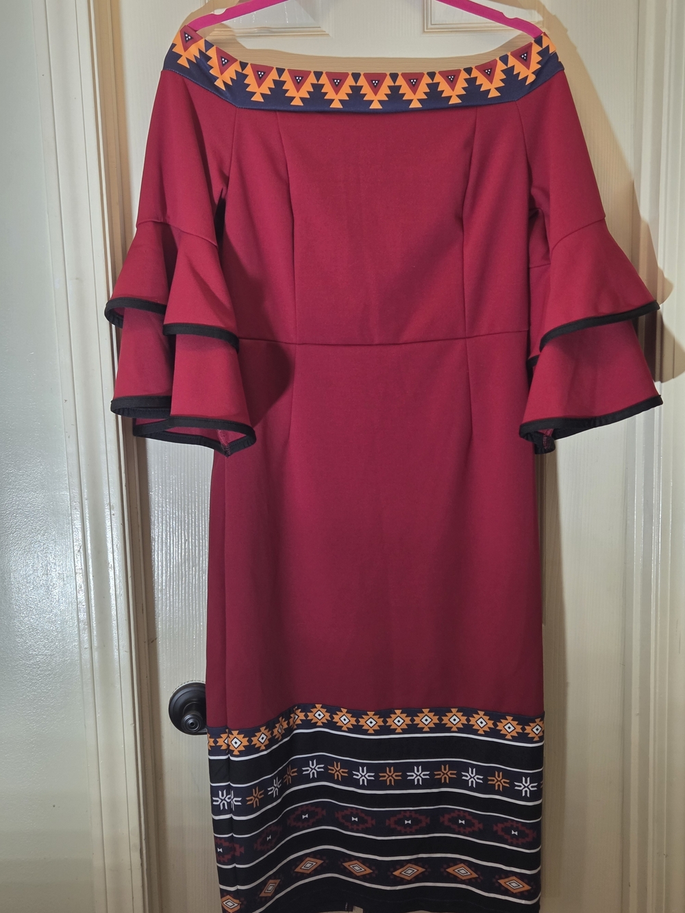 Source Unknown Burgundy One-Shoulder Dress with Tribal Trim
